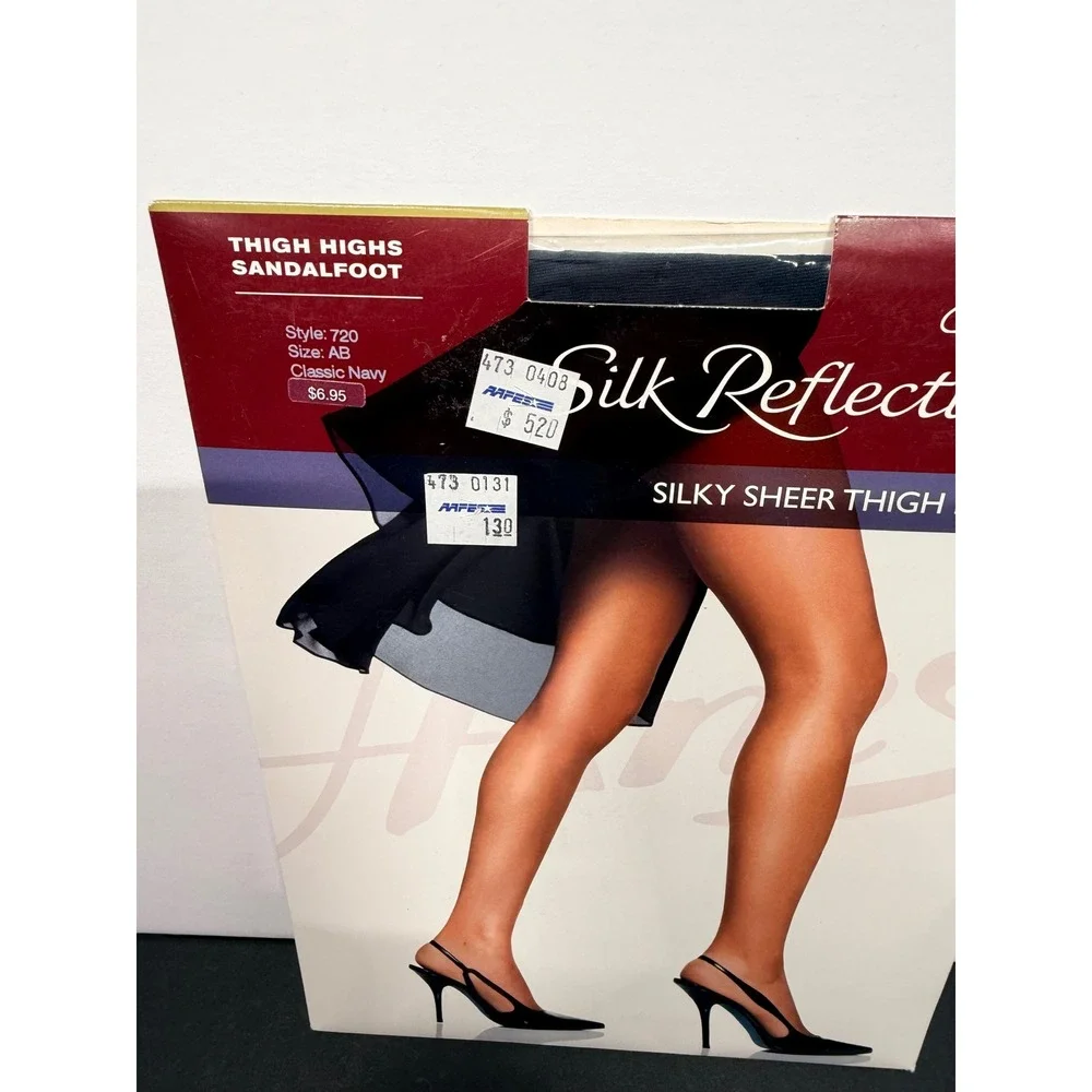 Hanes Silk Reflections Silky Sheer Thigh Highs Sz AB Navy Sandalfoot Style 720